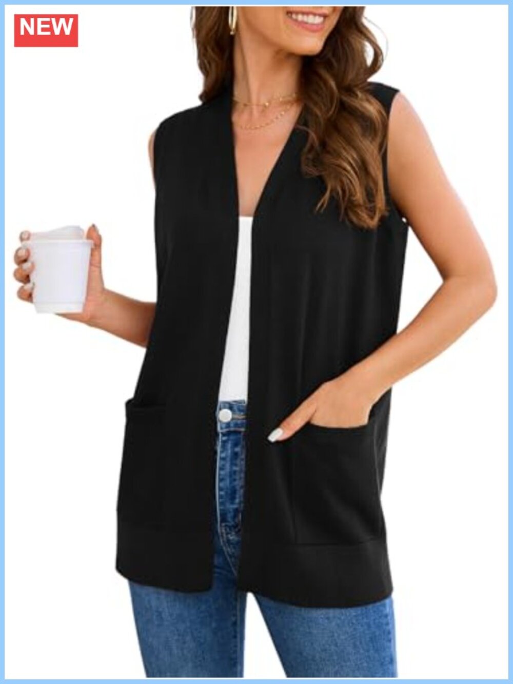 Soft Knit Sleeveless Cardigan Sweater Vest with Pockets V Neck Loose Fit